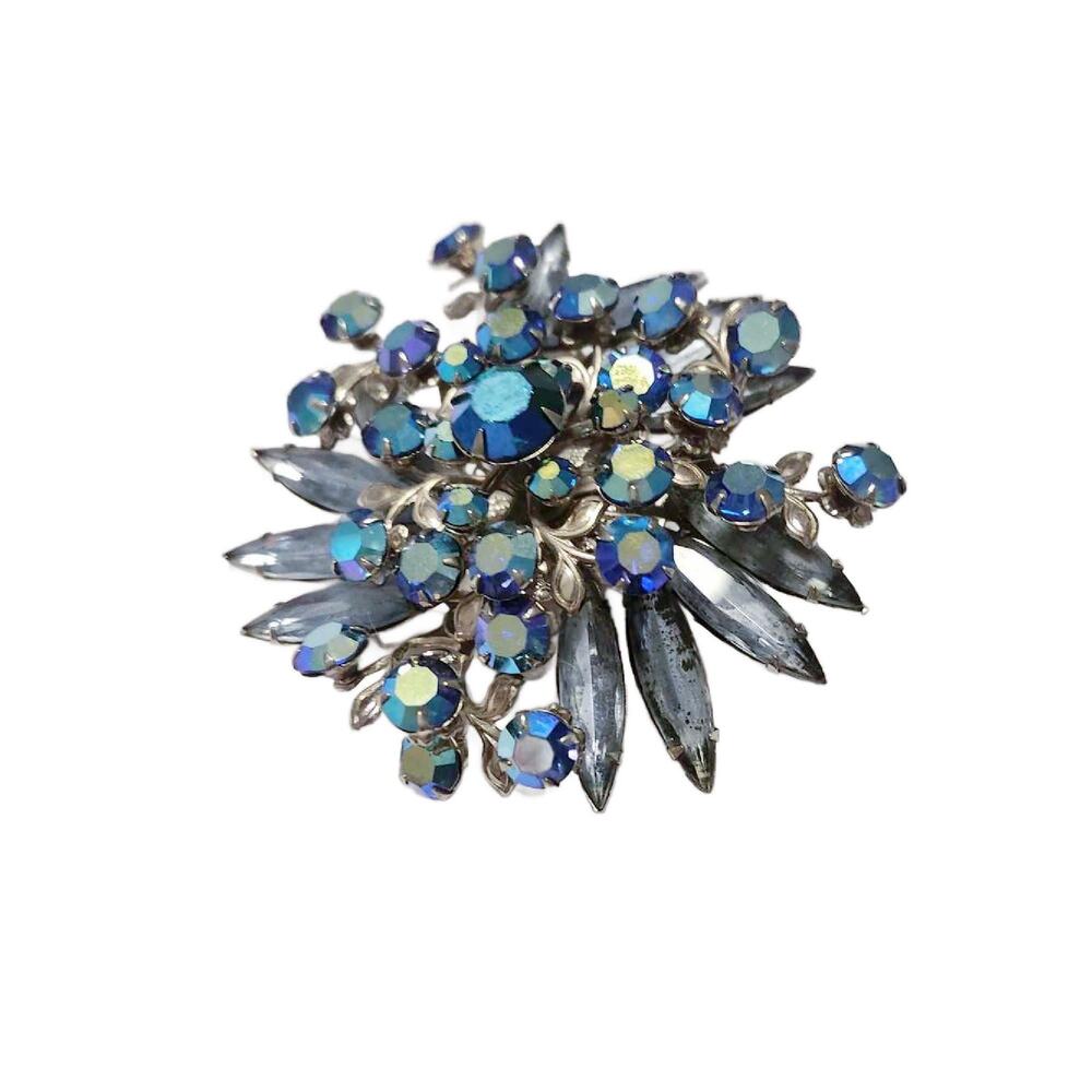 Vintage Blue Aurora Borealis Cluster Brooch, 3" Diam